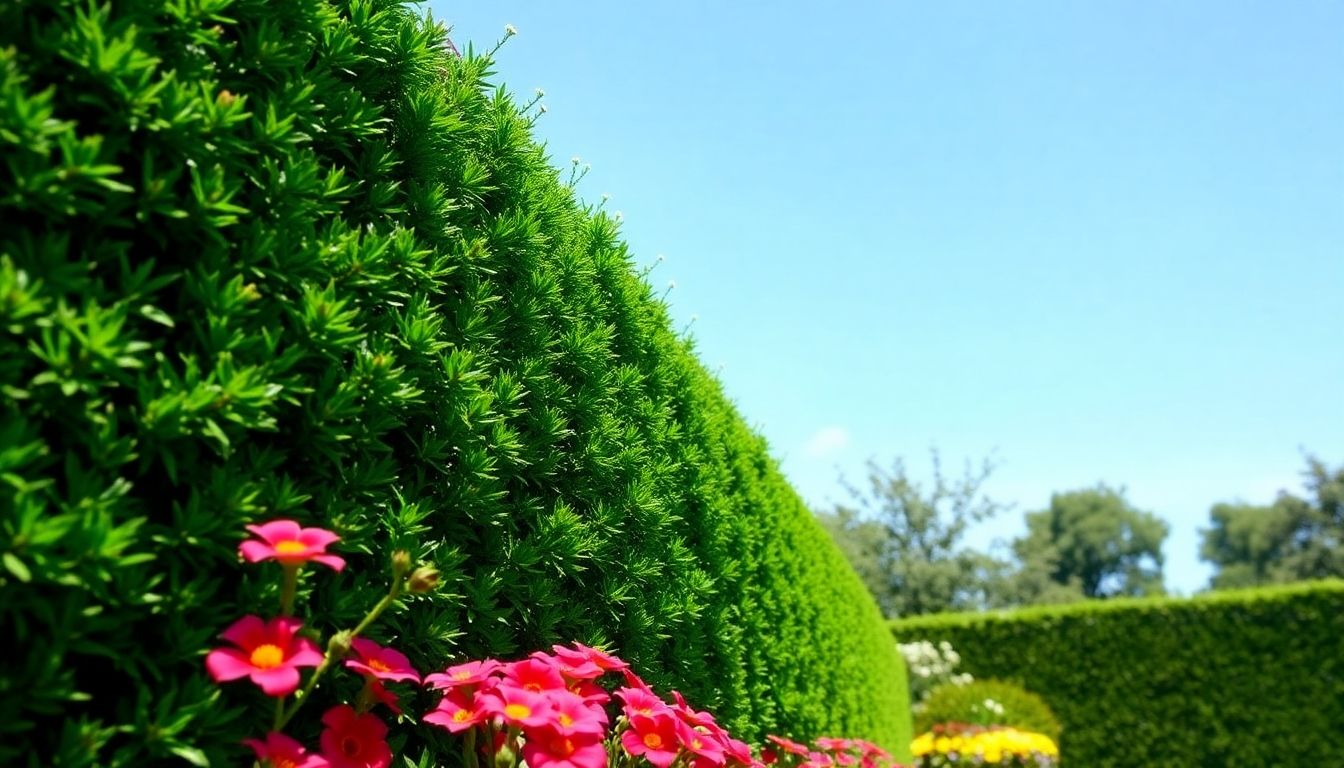 Neatly trimmed hedges in a vibrant garden setting.