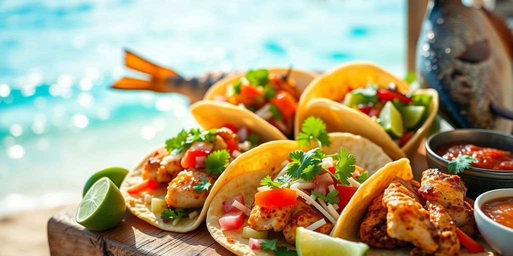 Assorted tacos and fresh seafood on a vibrant Cabo beach.