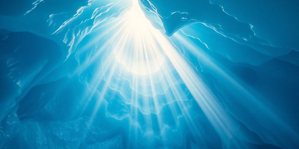 Sunlight beams down into a glowing blue Alaskan ice cave.