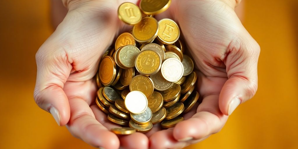 Coins cascading into open hands.
