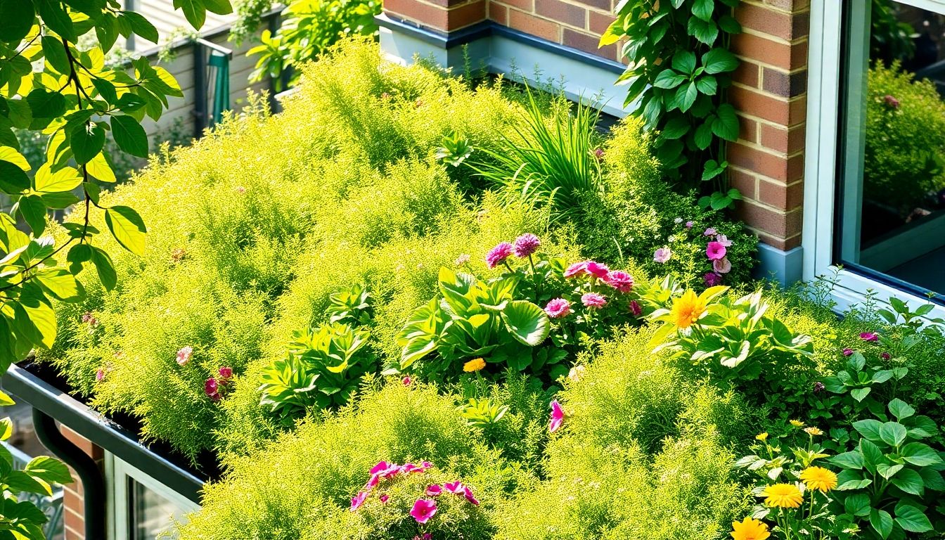 A green roof with diverse plants on a London home.