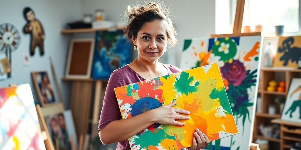 Woman with paintbrush in a colorful art studio.