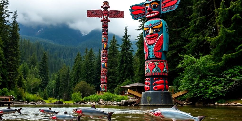 A Tlingit totem pole in front of an Alaskan rainforest.