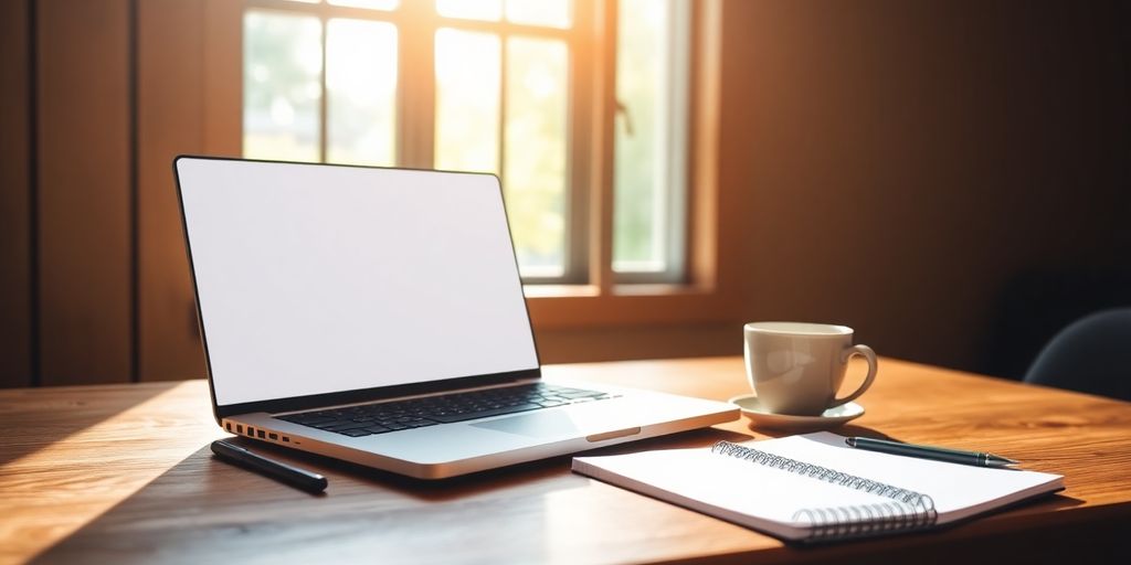 Laptop on a desk with coffee and notepad.
