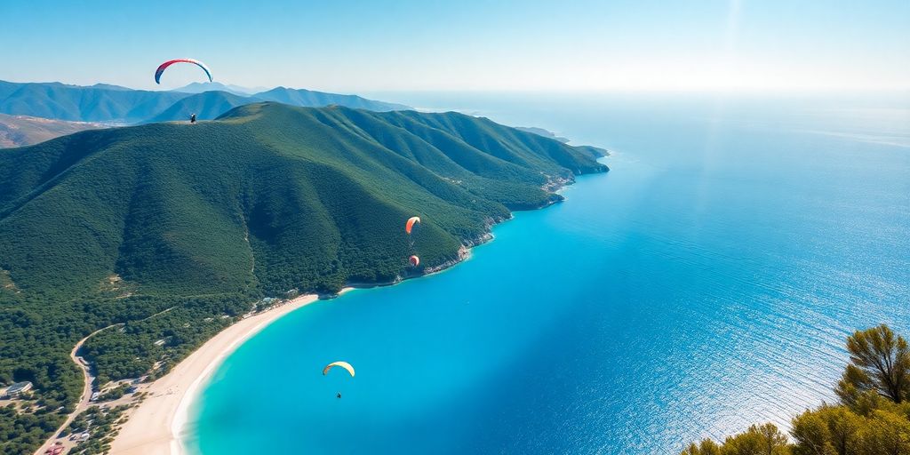 Azure waters, white beach, green hills, paragliders soaring.