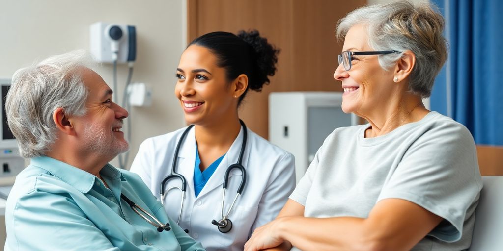 Healthcare professional and patient communicating in a clinic.