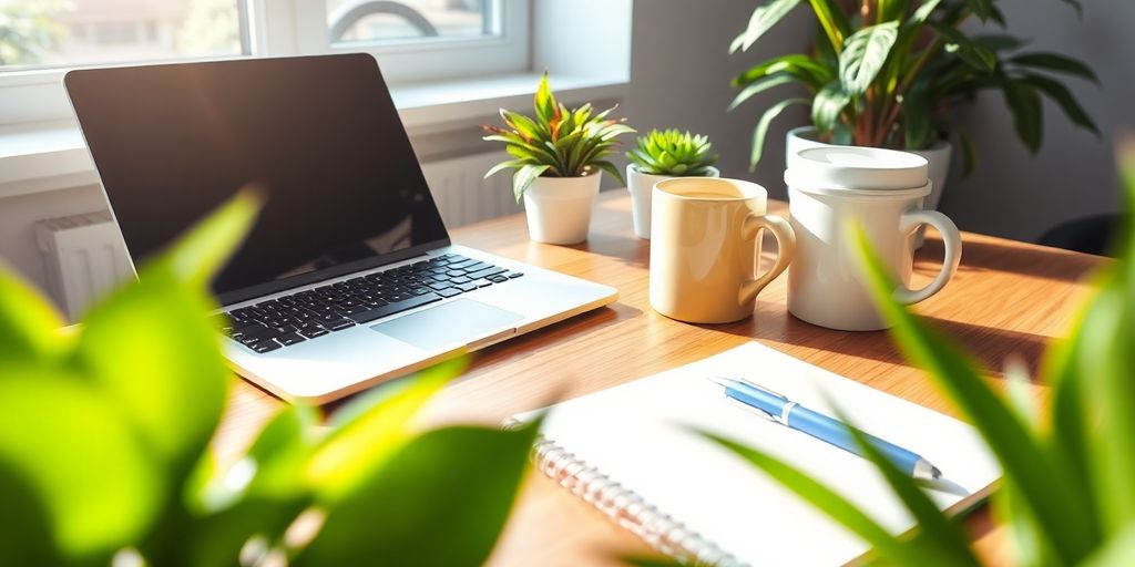 Espaço de trabalho motivacional com laptop e plantas.
