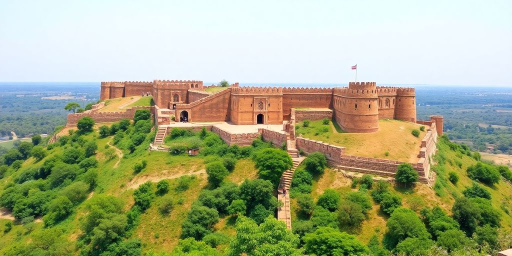 Chittorgarh Fort with greenery and clear skies.