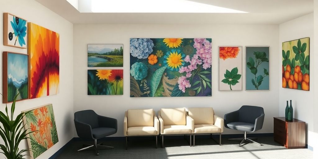 Modern office walls with vibrant abstract paintings.