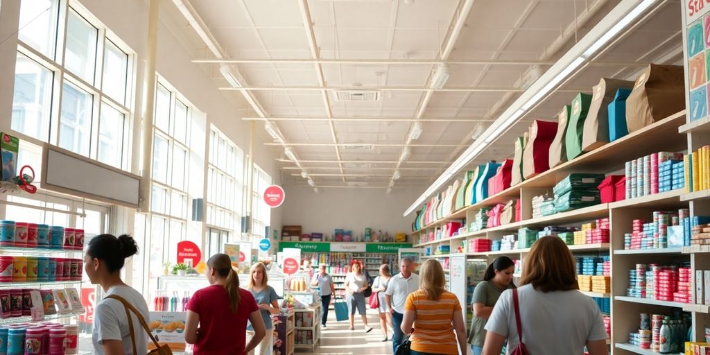 Retail store interior with customers and products.