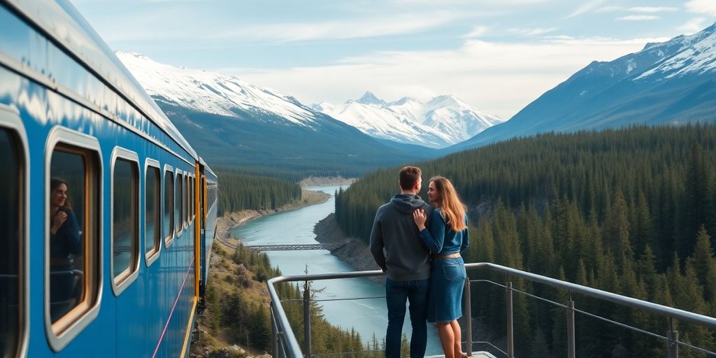 A couple on the Alaska Railroad train in the mountains.