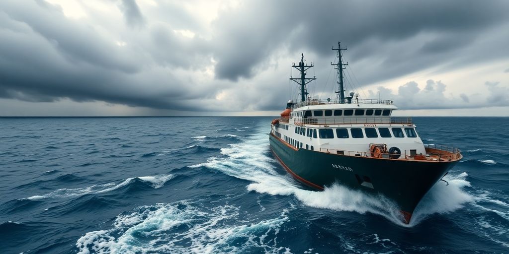 Ship braving stormy seas, illustrating seafarer challenges.
