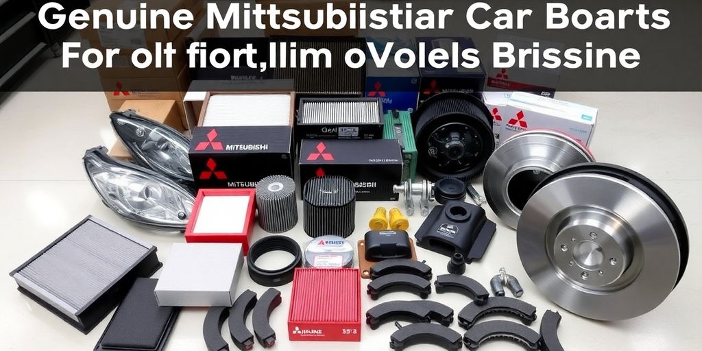 Genuine Mitsubishi car parts arranged on a workspace.