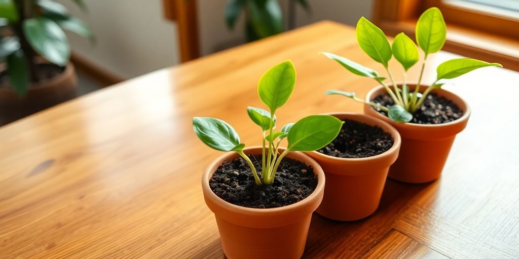 Potted plant cuttings with healthy roots in moist potting soil