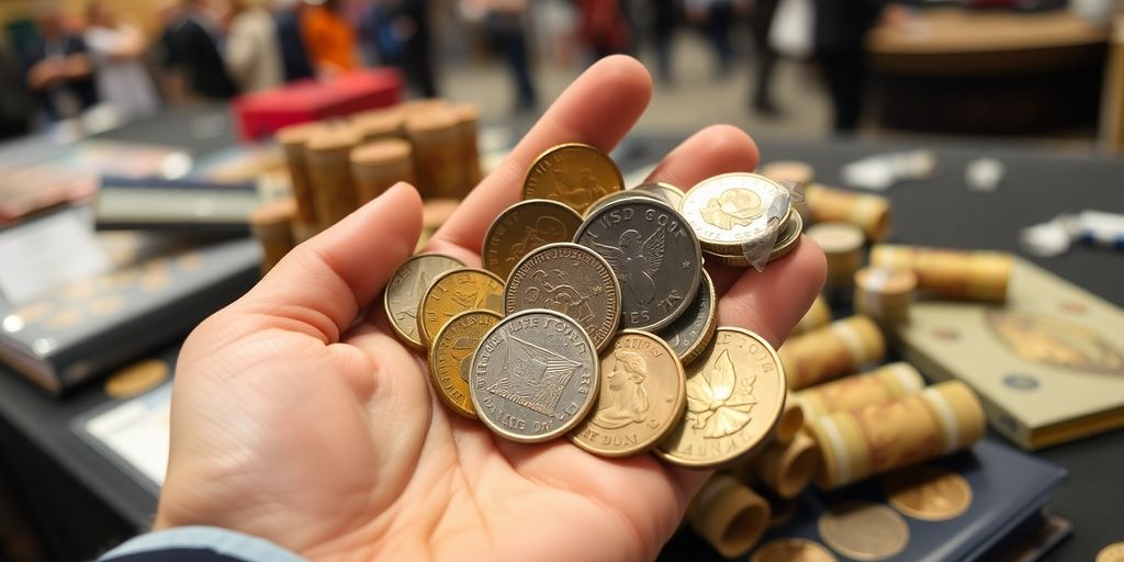 Hands holding rare coins near rolls and a collector's album.