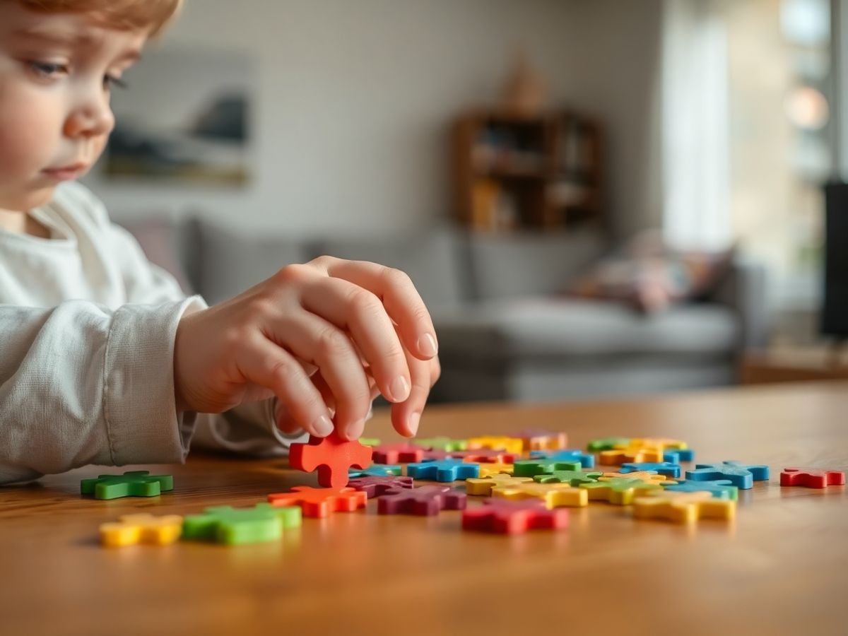 Copil rezolvând un puzzle colorat acasă.