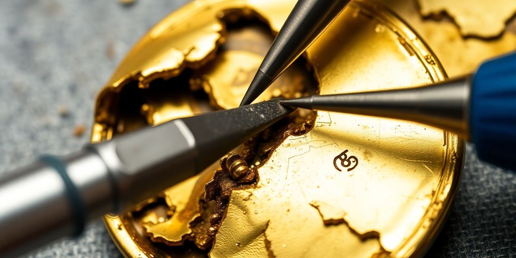Outils de restauration d'une pièce d'or endommagée.