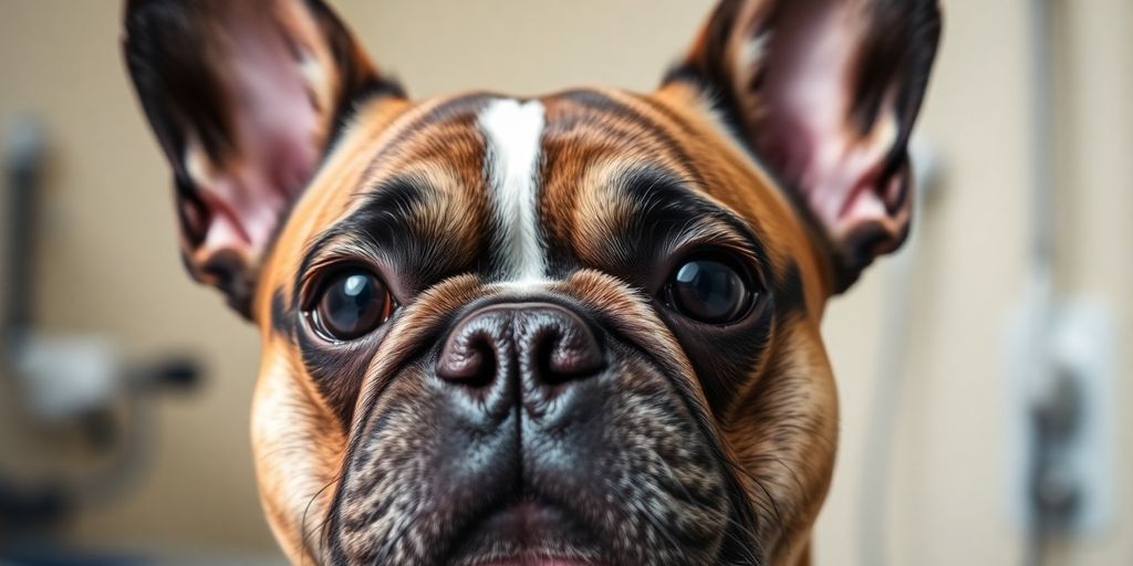 French bulldog looking at veterinary instruments.