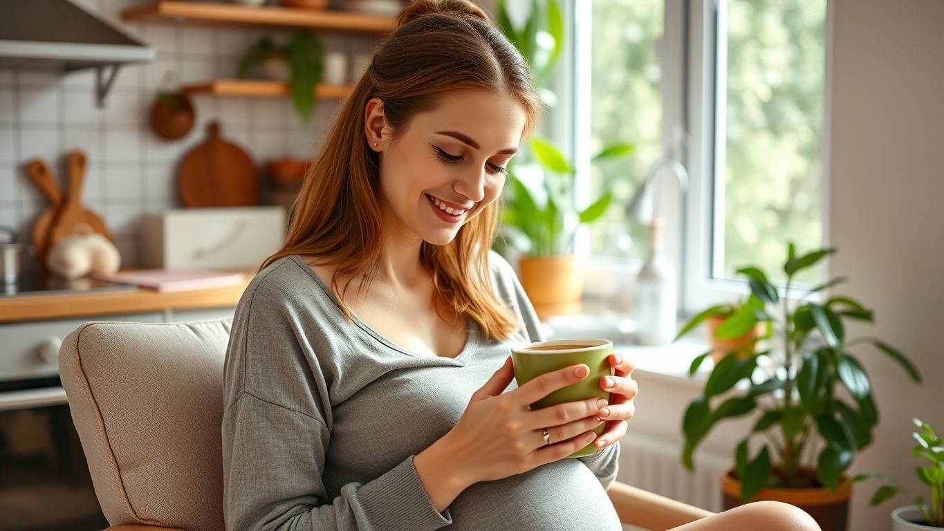 Mother breastfeeding while holding matcha tea