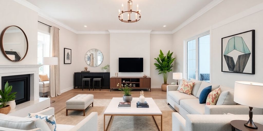 Renovated living room with modern furniture and decor.