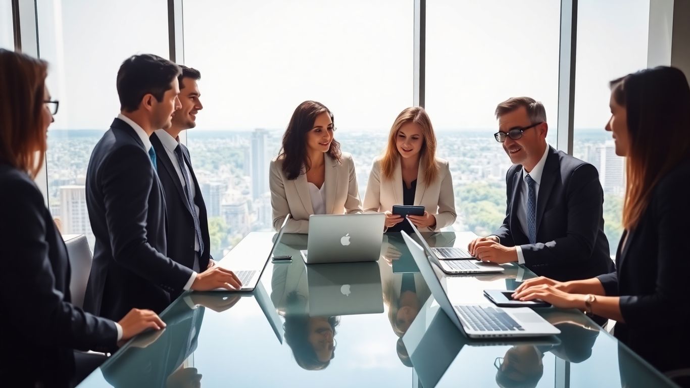 Business professionals collaborating in a sunlit modern office