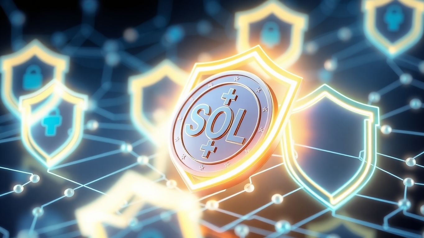 3D SOL coin amidst digital security shields.
