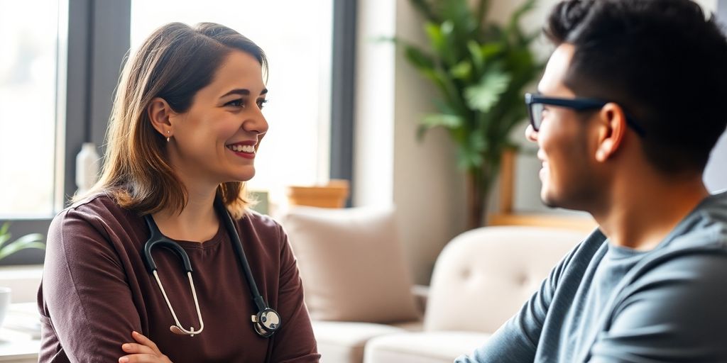 Nurse practitioner with patient, warm office setting