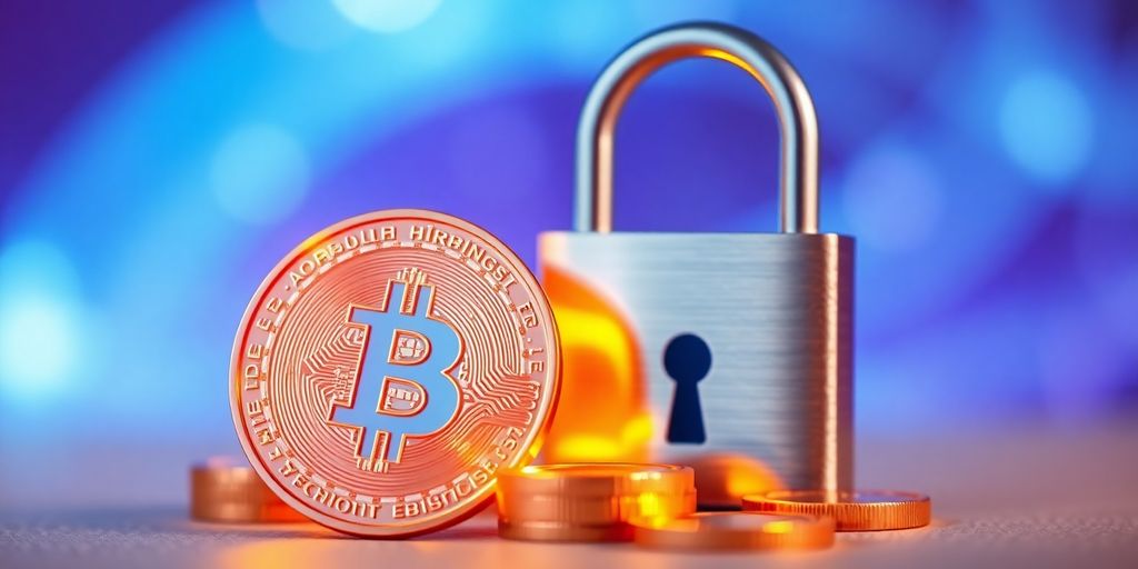 Digital coins, secure padlock, vibrant glow