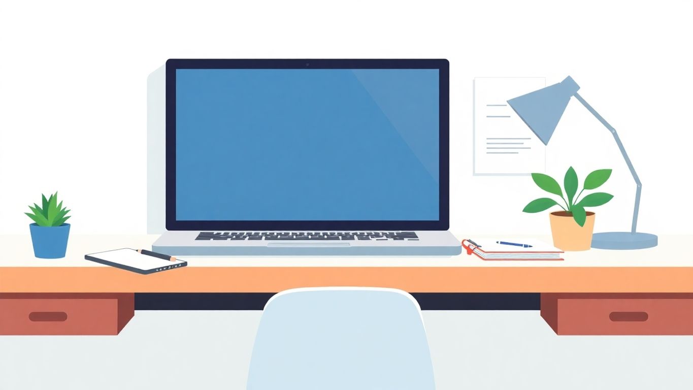 Illustrasjon av arbeidsplass med laptop og notatblokk.