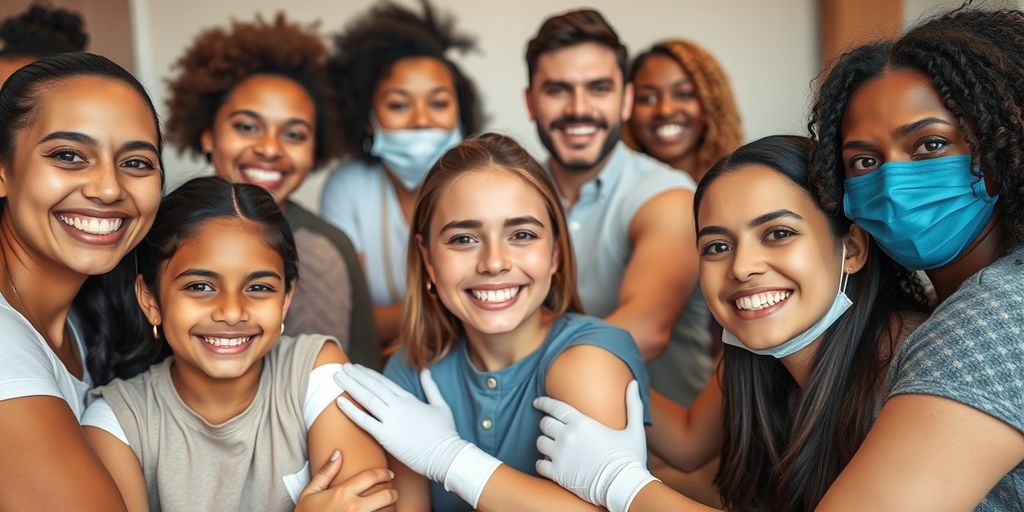 People smiling with bandaged arms after flu vaccine