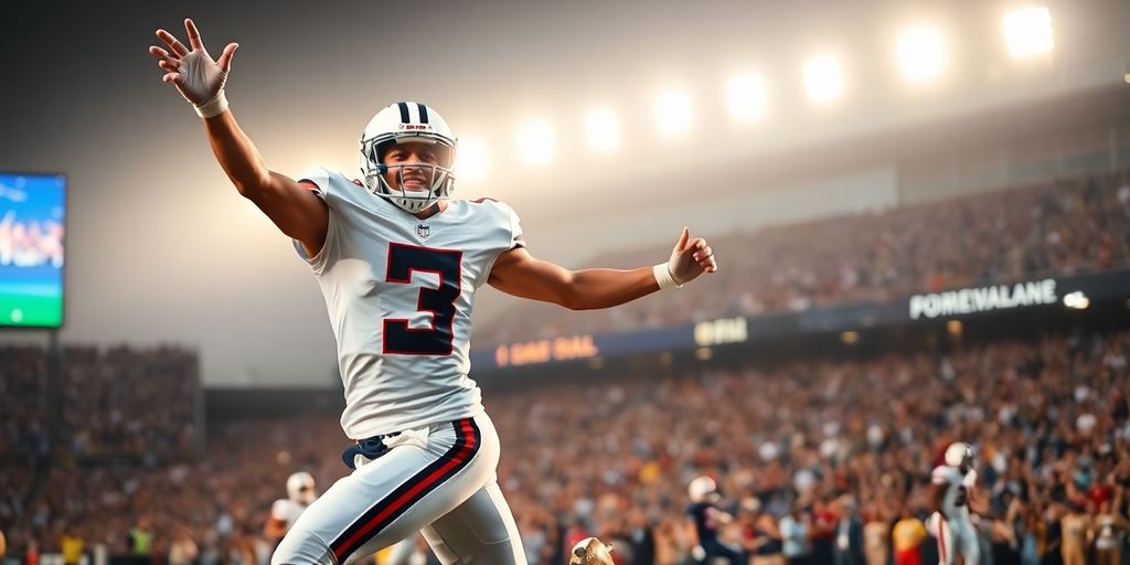 Football player celebrating touchdown victory.