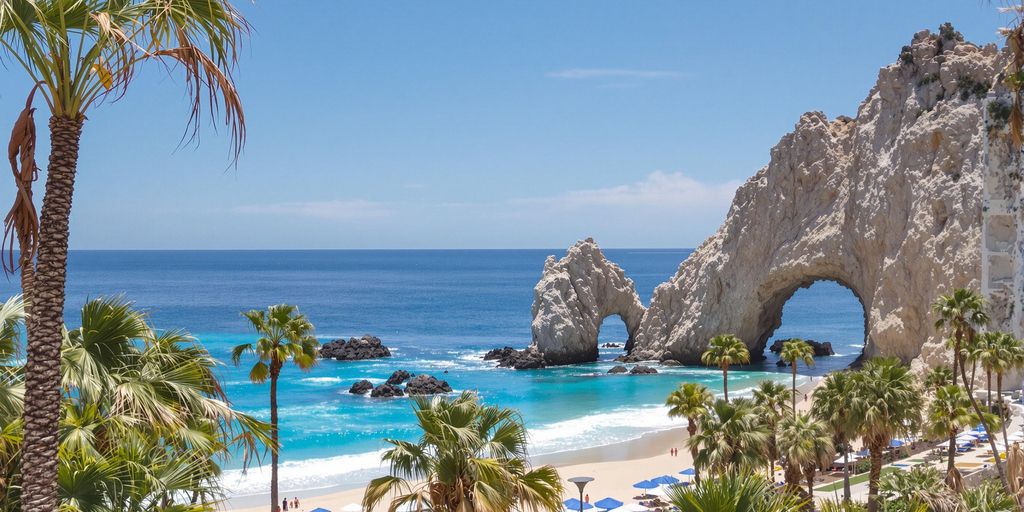 Cabo San Lucas beach with palm trees and clear waters.