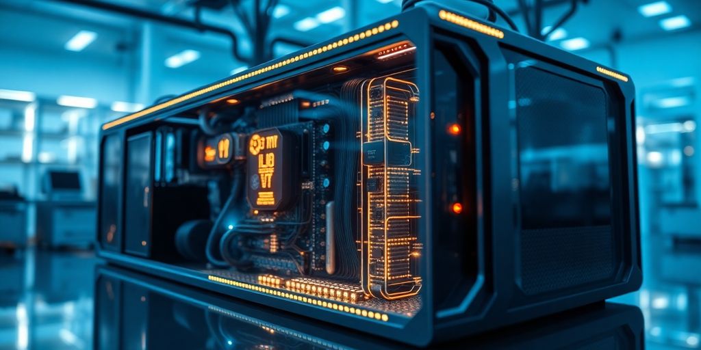 Futuristic quantum computer in a modern lab setting.