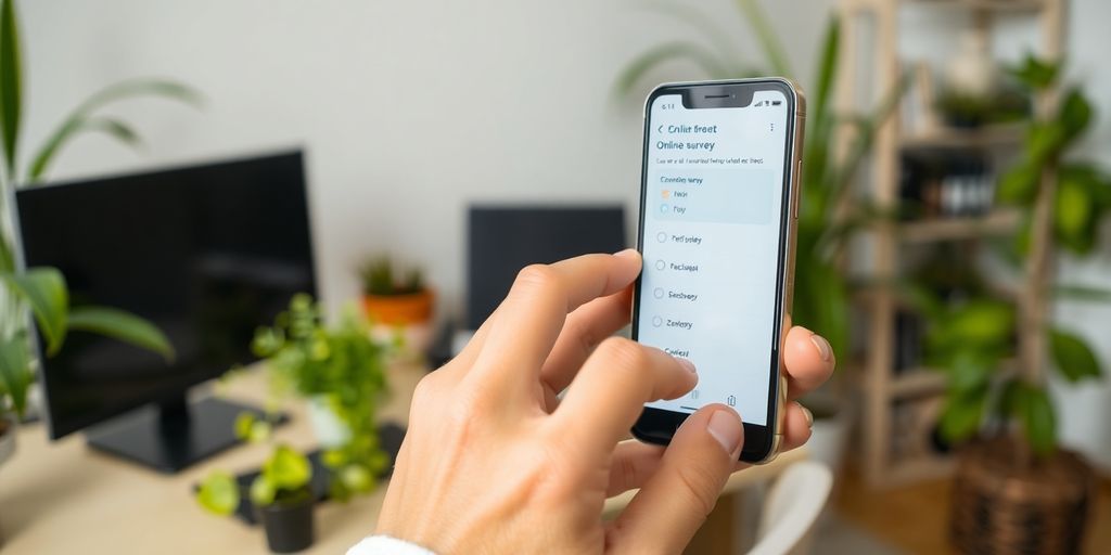 Person taking an online survey on a smartphone.