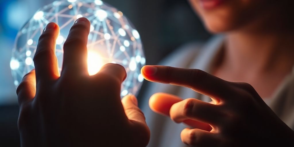Person interacts with a glowing, digital sphere.