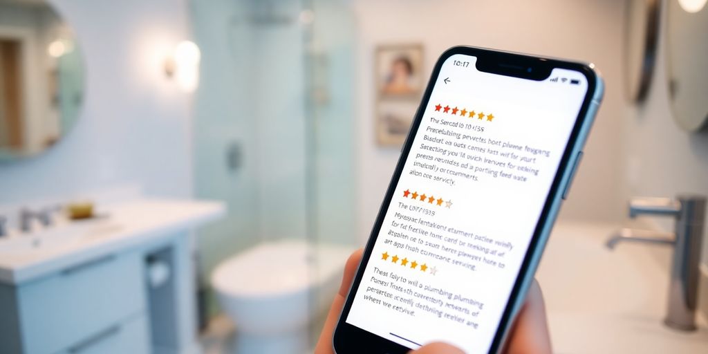 Smartphone with positive plumbing service reviews on screen.