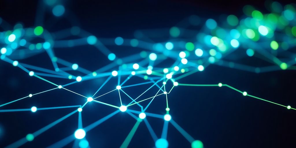 Digital information flowing through interconnected technology.