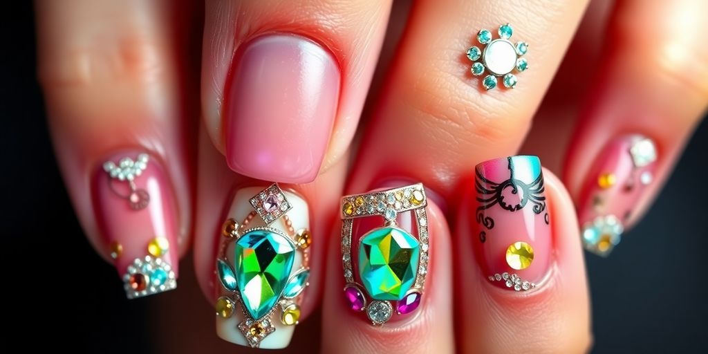 Unhas decoradas com pedrinhas brilhantes e elegantes.