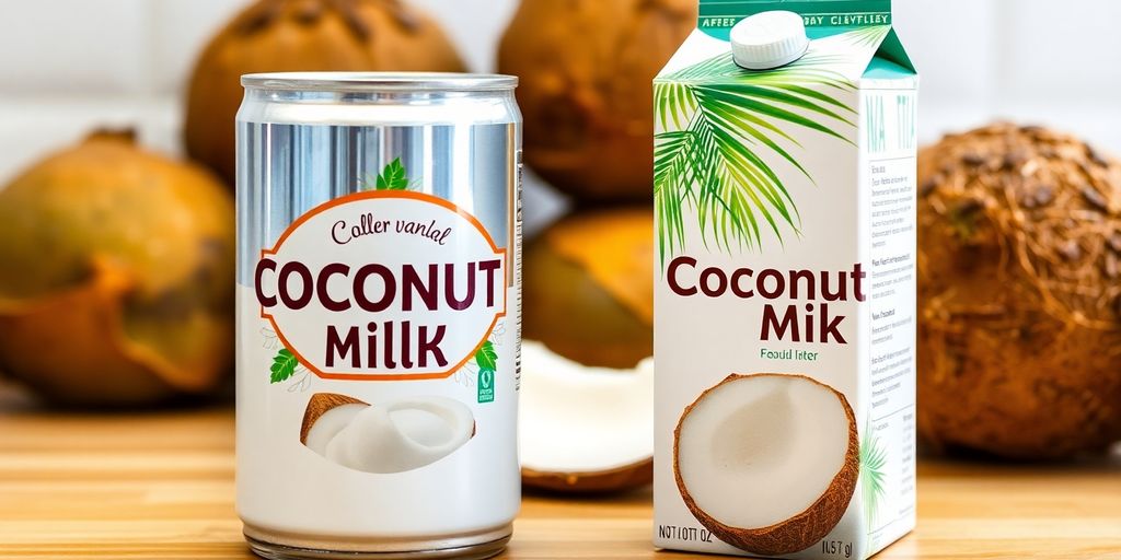 Canned and carton coconut milk on a kitchen countertop.