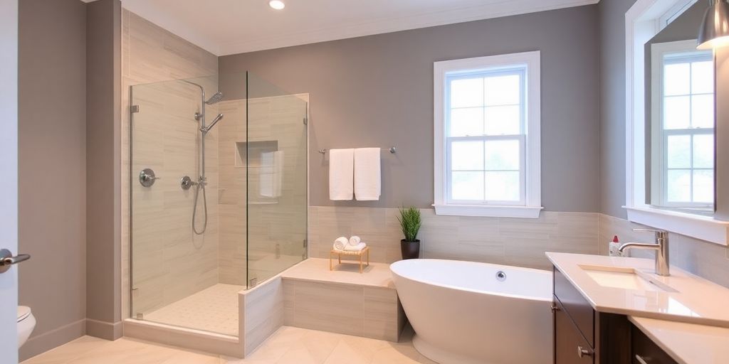 Modern bathroom renovation with elegant fixtures and tiles.