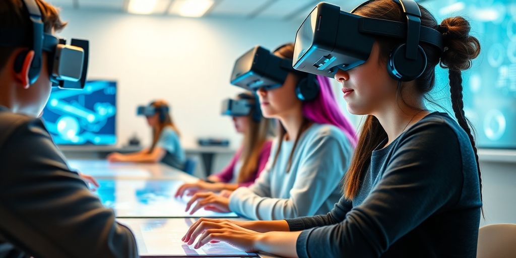 Students using VR technology in a modern classroom.