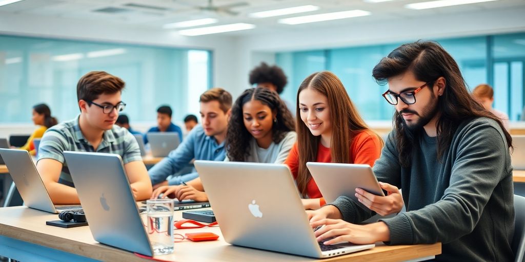 Students engaged in hands-on AI learning in a classroom.