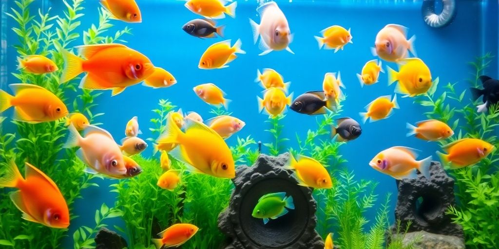 Peces coloridos nadando en un entorno de acuario exuberante.