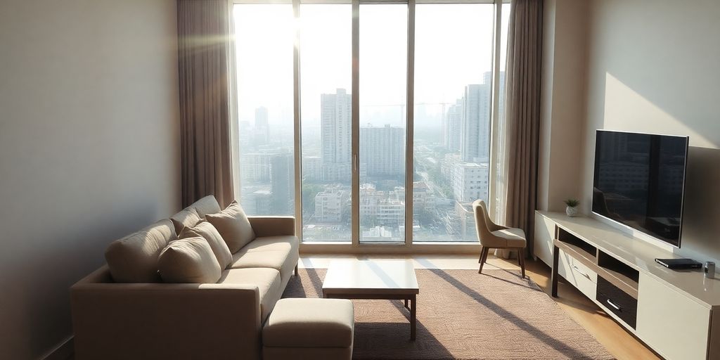 Modern apartment interior, natural light, city view.