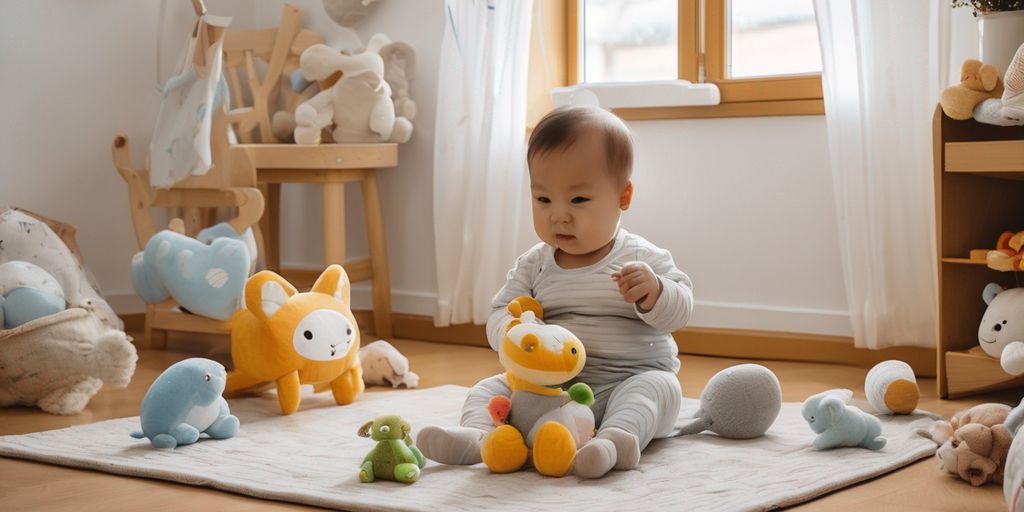 baby playing with soft toys in a cozy nursery