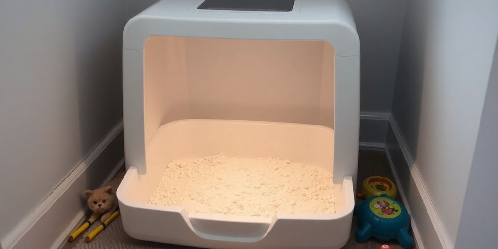 A neat cat litter box in a cozy space.