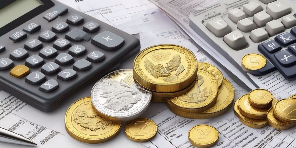 gold and silver coins with tax documents and calculator
