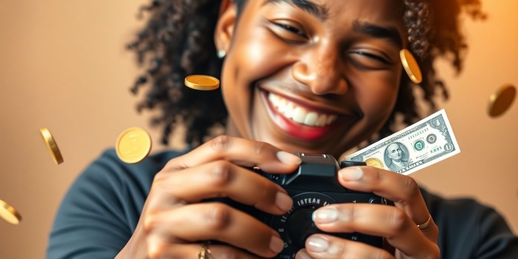 Person smiling, holding camera, money.