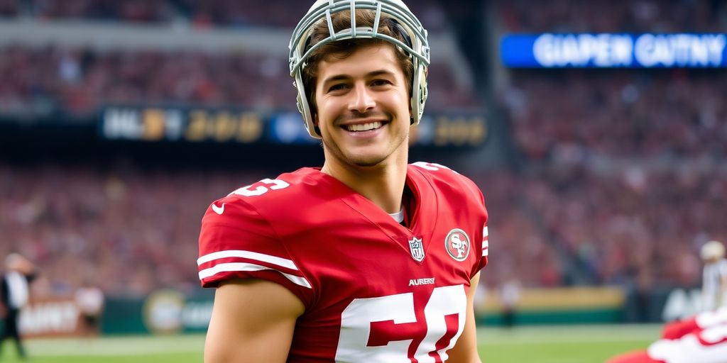 Brock Purdy smiling in 49ers uniform on the field.