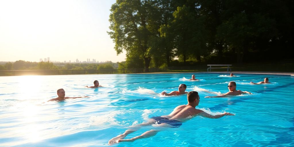 Adults swimming laps in an outdoor NYC public pool.